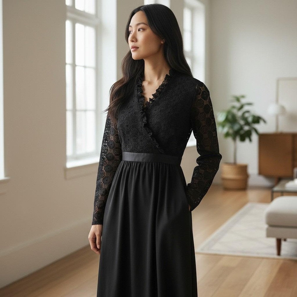 Womens Maxi Dress Black Lace Long Sleeve V Neck Evening Vintage 100 Parkhouse
